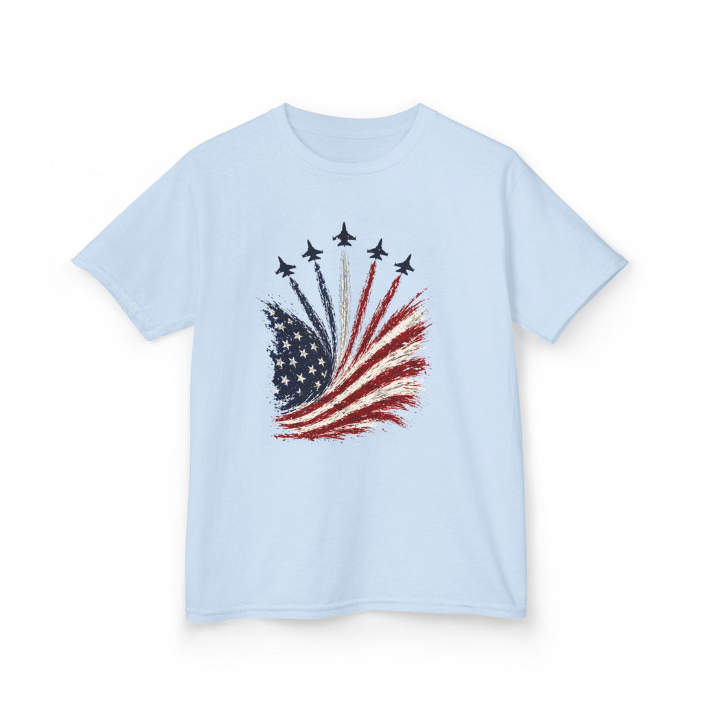 Youth,Kids T-Shirt — American Flag Jet Flyover Graphic (Patriotic 4th of July)