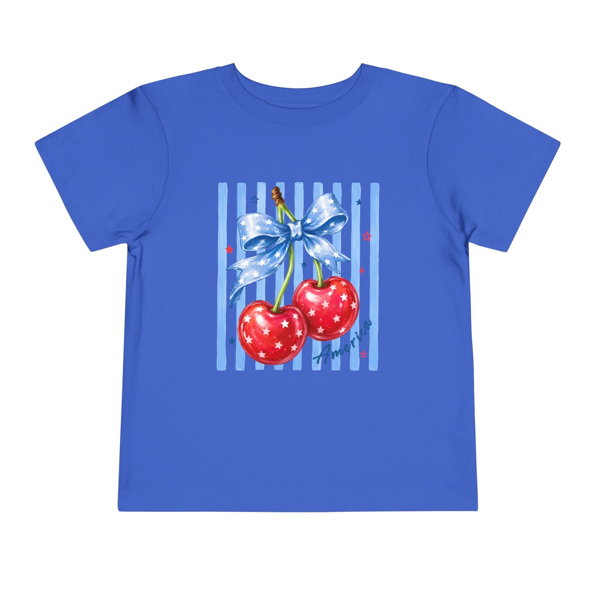 Toddler Tee Cherry Bow   — Cute Red Cherries with Blue Stripes