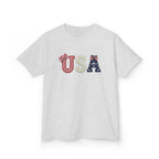 Youth, Kids USA Patriotic Tee — Red White & Blue Flag Letters