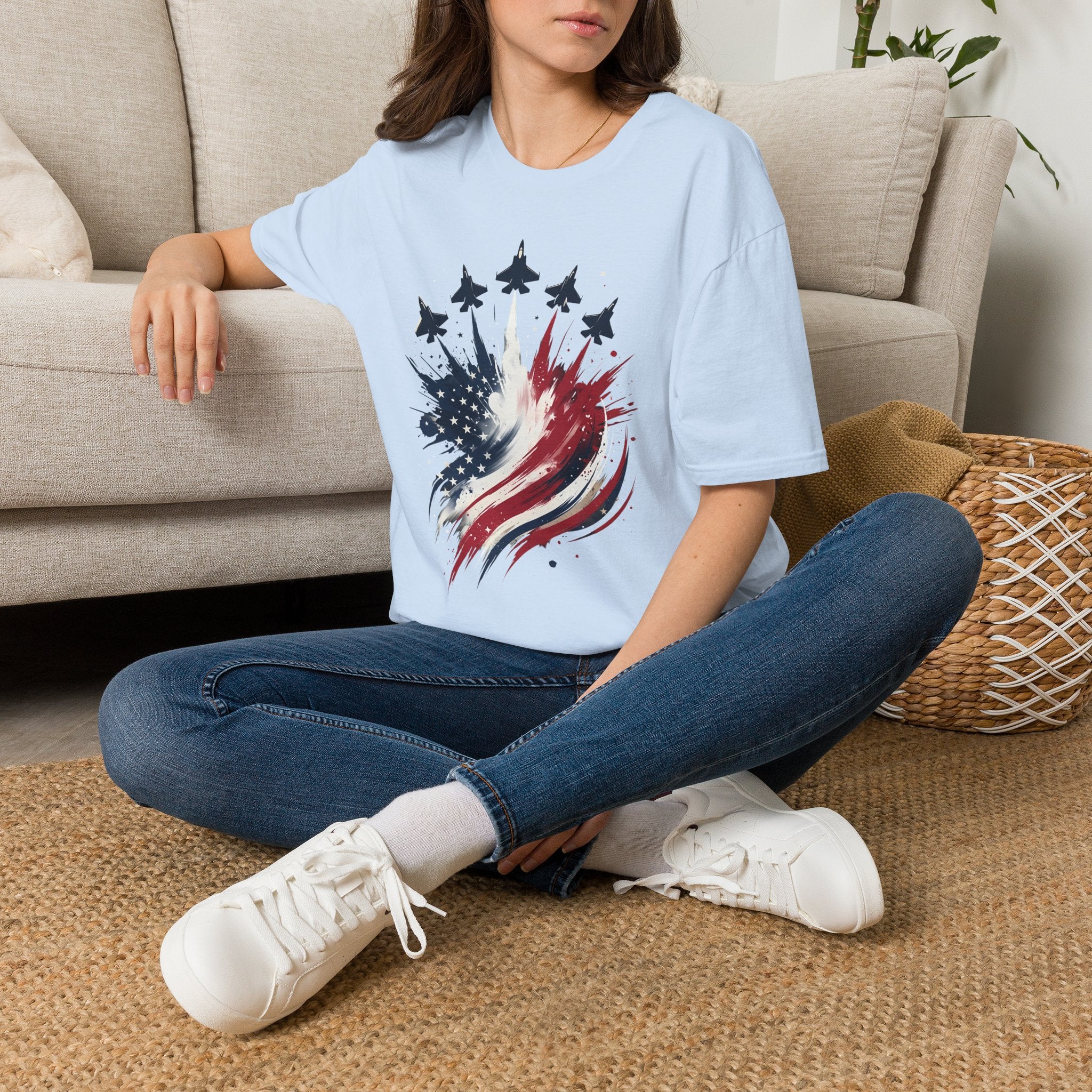 T-Shirt — Patriotic Jet Flyover with American Flag Splash