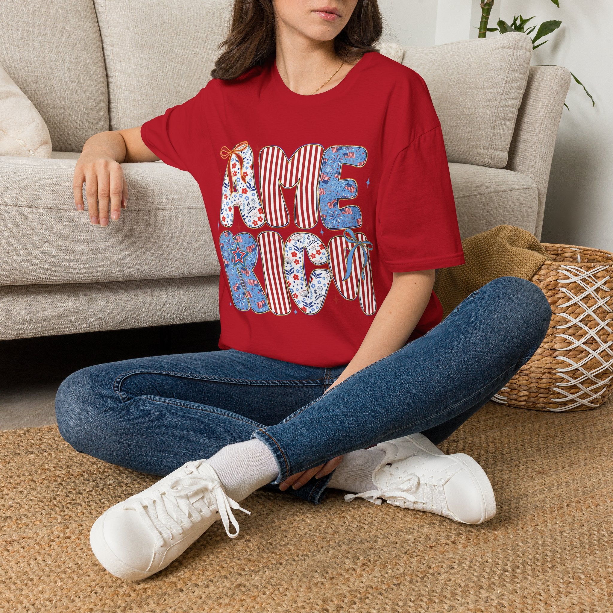 AME Retro Patriotic T-Shirt — Red White Blue Floral & Stripes Graphic Tee