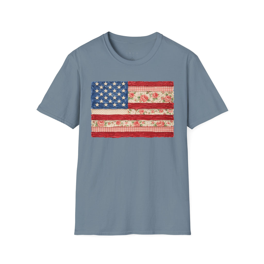Patriotic Floral American Flag T-Shirt — Vintage Rose USA Tee for Fourth of July