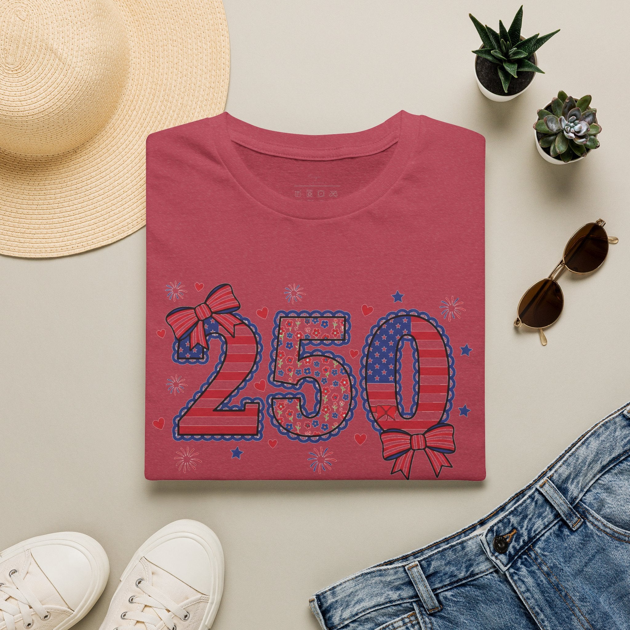 250 Patriotic T-Shirt — USA Flag Number Tee with Stars & Bows (Fourth of July)