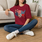 Patriotic Patchwork USA T-Shirt — Quilted Red White & Blue Map Tee