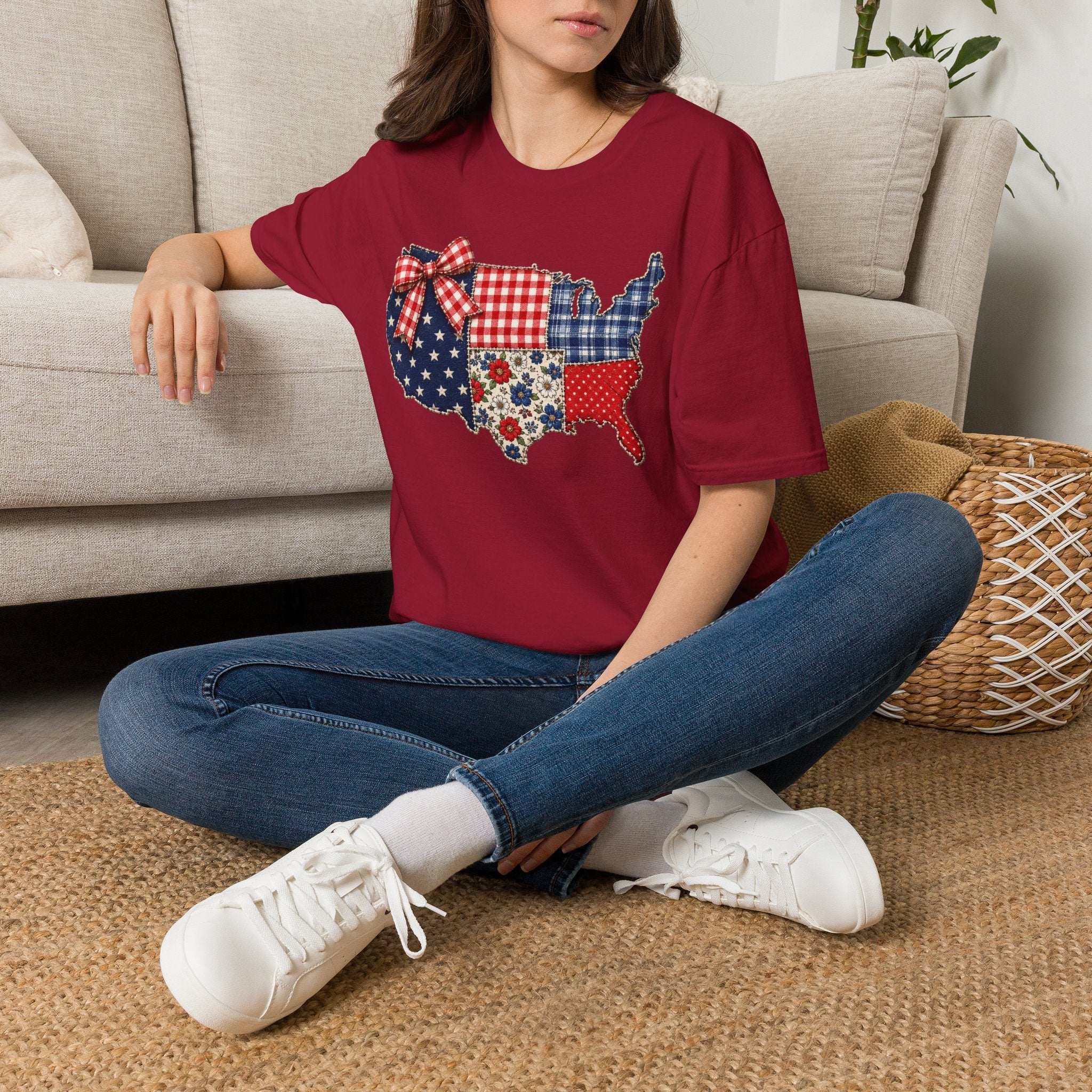 Patriotic Patchwork USA T-Shirt — Quilted Red White & Blue Map Tee