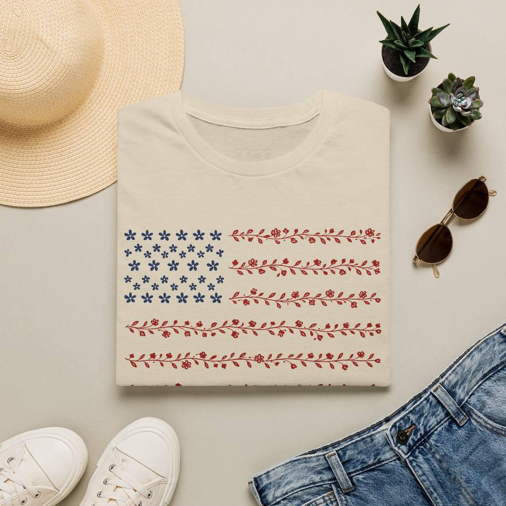 Floral American Flag T-Shirt — Patriotic Red & Blue Botanical Tee for 4th of July
