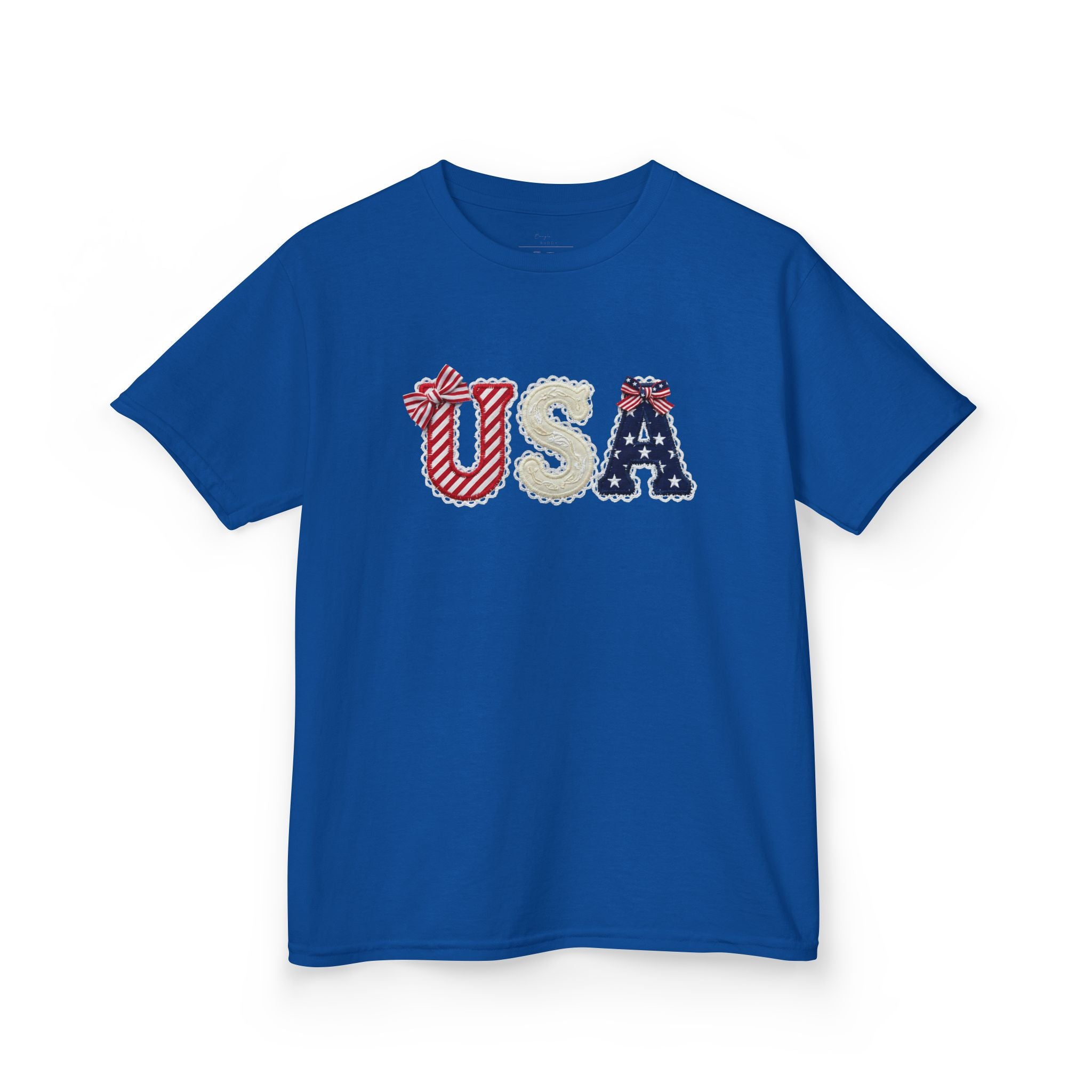 Youth, Kids USA Patriotic Tee — Red White & Blue Flag Letters