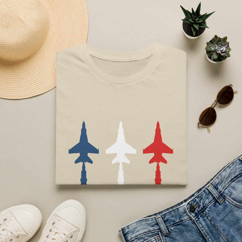 Patriotic Fighter Jet T-Shirt — Red White & Blue Military Aircraft Tee
