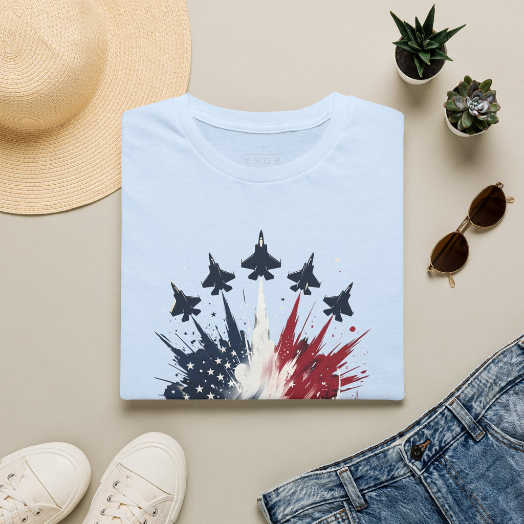 T-Shirt — Patriotic Jet Flyover with American Flag Splash