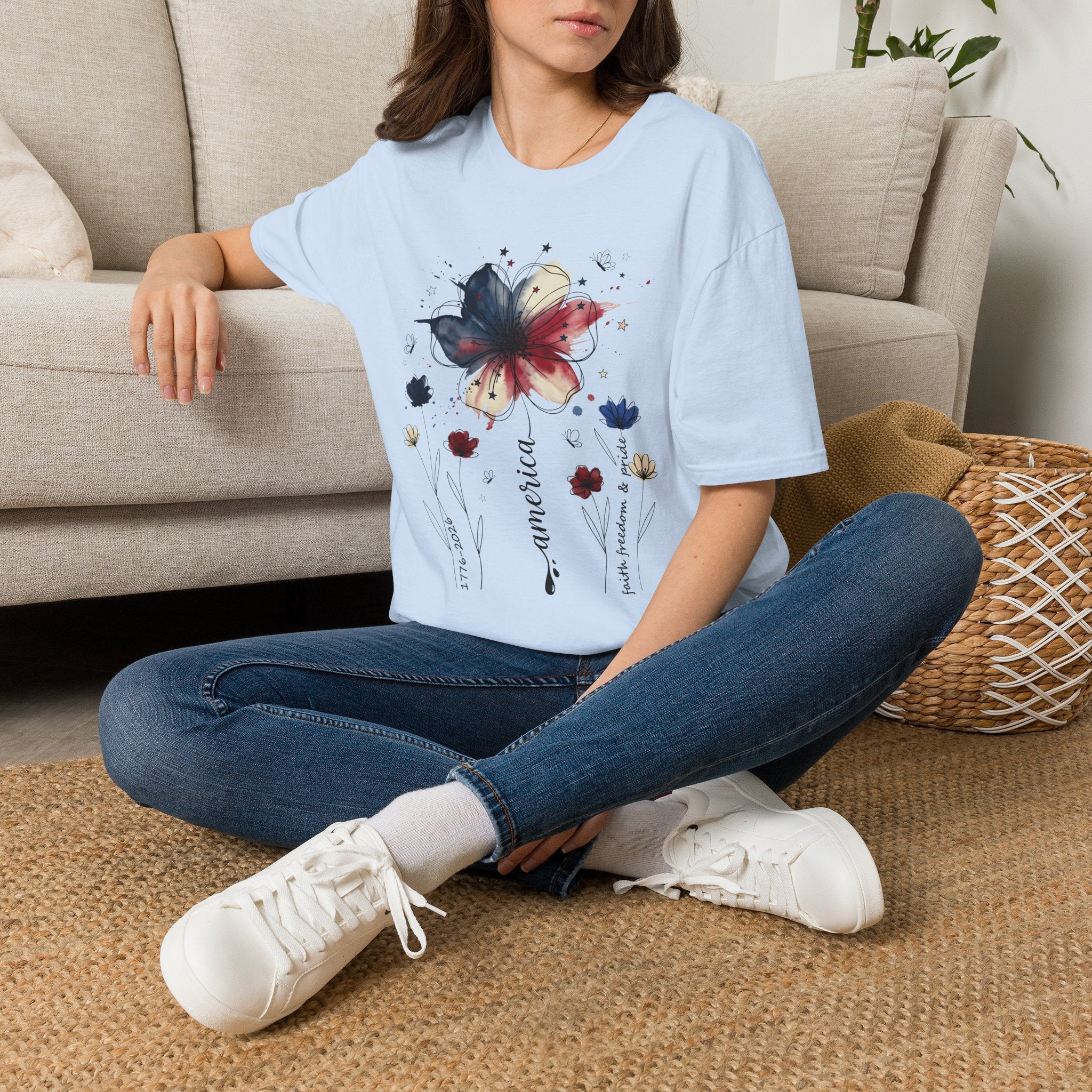 Butterfly Watercolor T-Shirt — Patriotic Red White Blue Floral Graphic