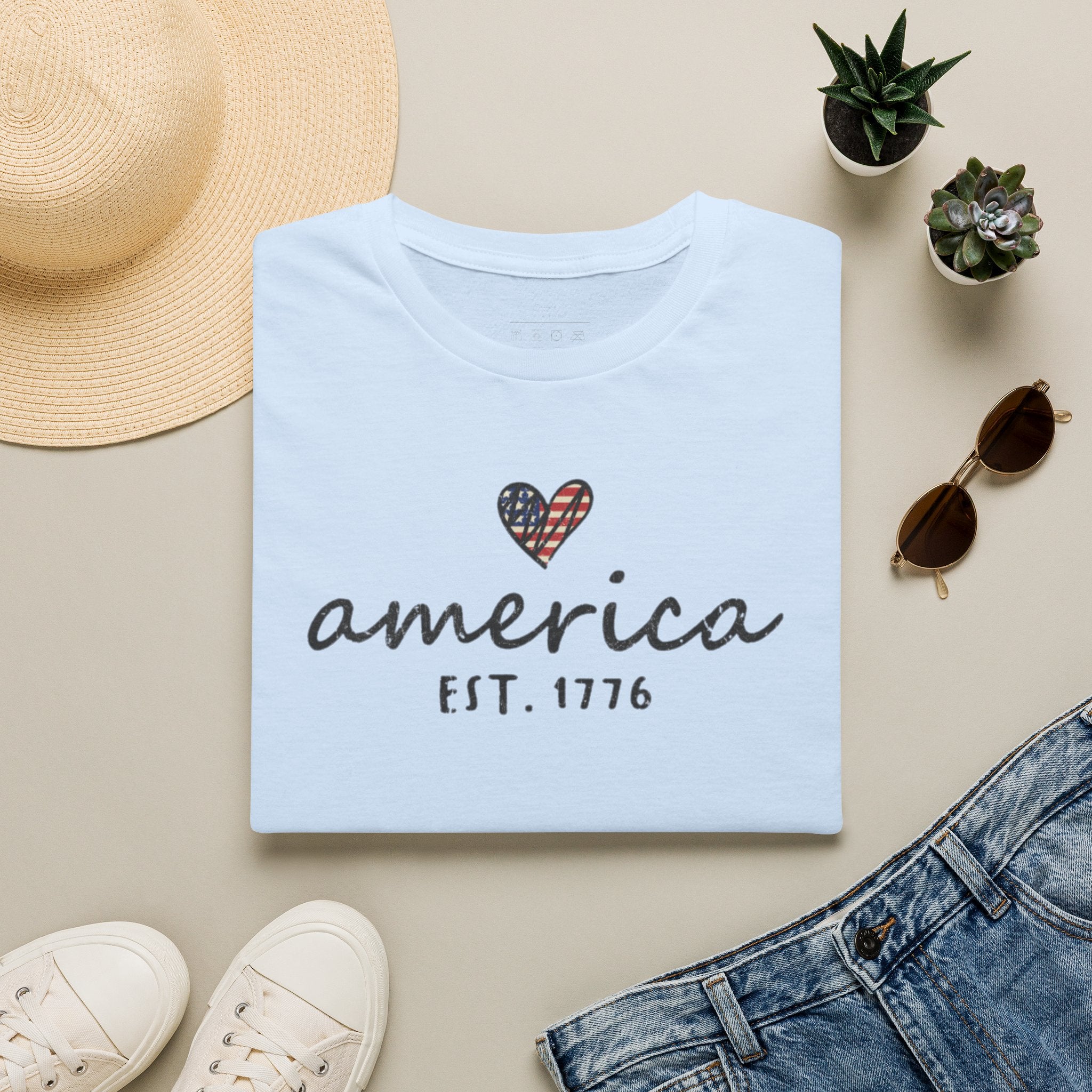 America Est. 1776 Heart T-Shirt — Patriotic USA Independence Day Tee