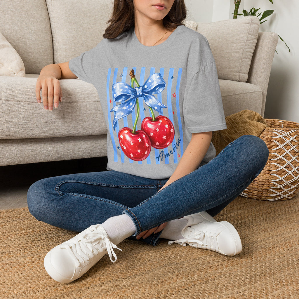 Cherry Graphic T-Shirt — Blue Bow & Striped Summer Tee