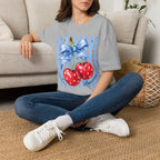 Cherry Graphic T-Shirt — Blue Bow & Striped Summer Tee