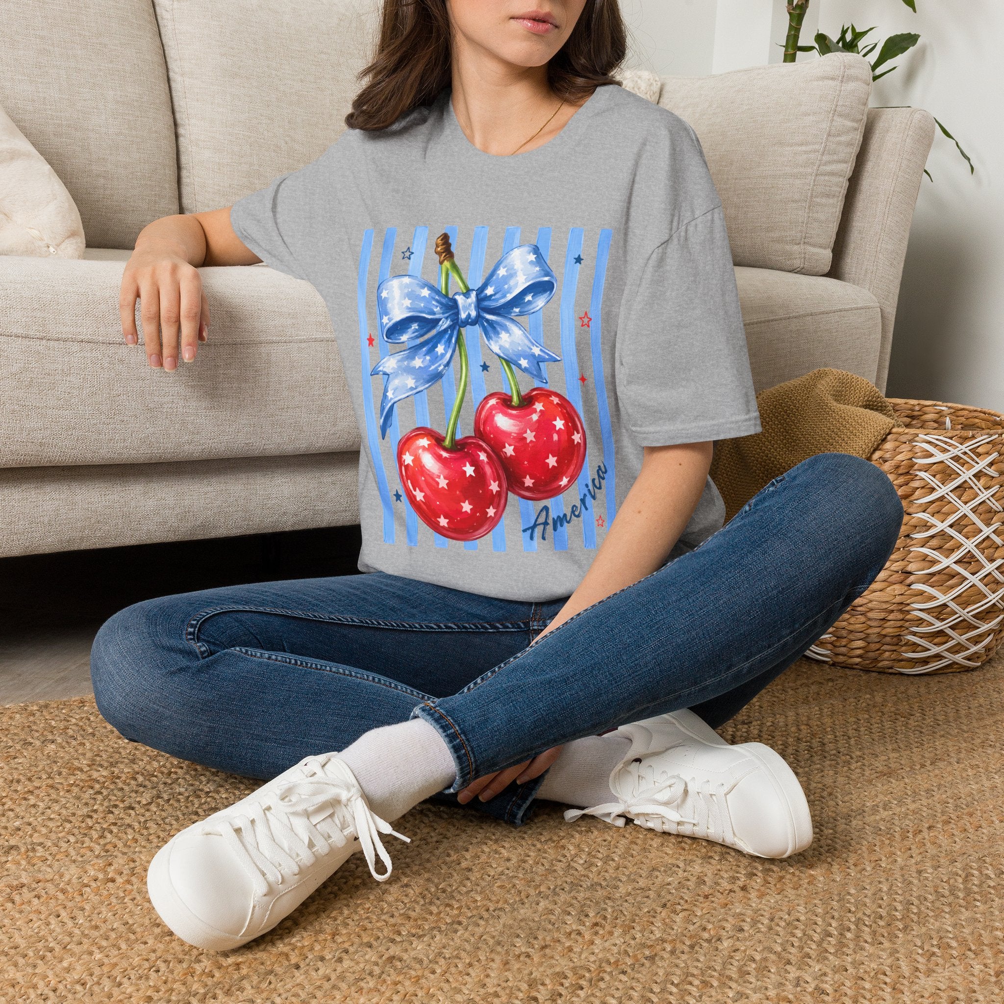 Cherry Graphic T-Shirt — Blue Bow & Striped Summer Tee