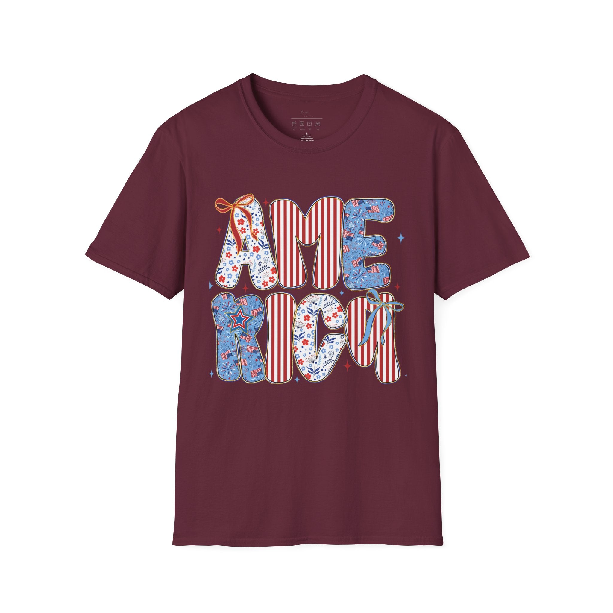 AME Retro Patriotic T-Shirt — Red White Blue Floral & Stripes Graphic Tee
