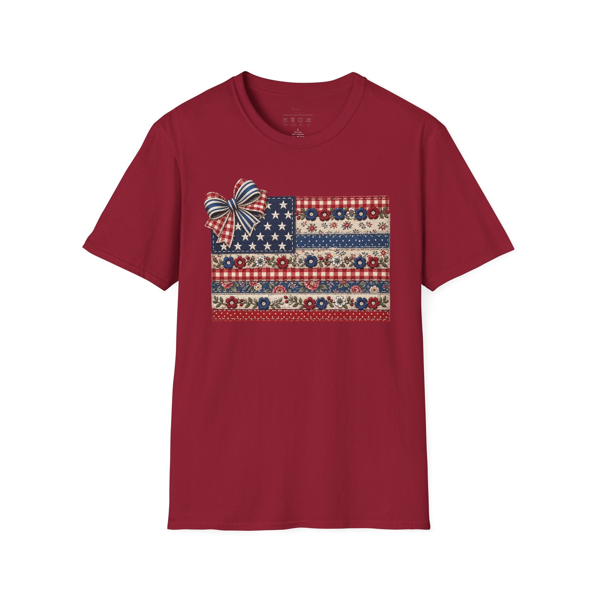 Patriotic Floral Flag T-Shirt — Americana Bow Stars & Stripes Top