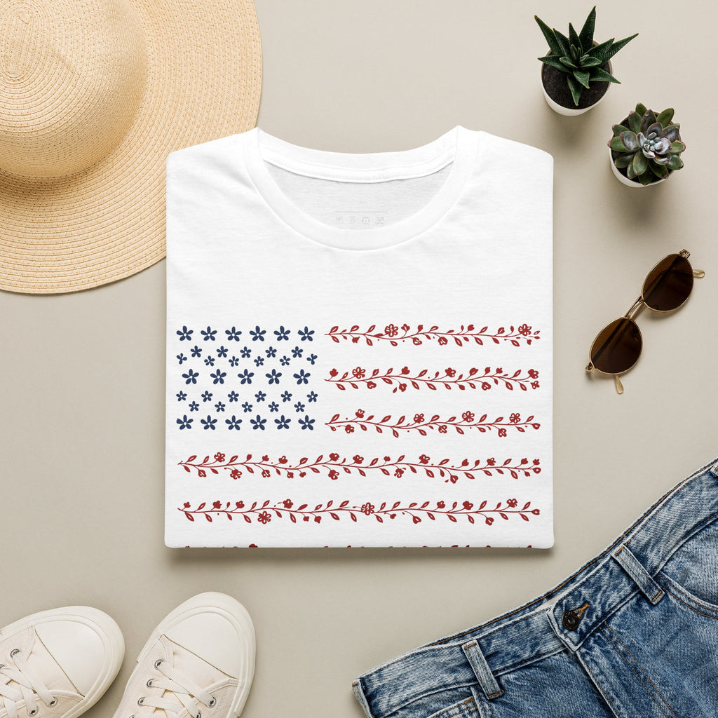 Floral American Flag T-Shirt — Patriotic Red & Blue Botanical Tee for 4th of July