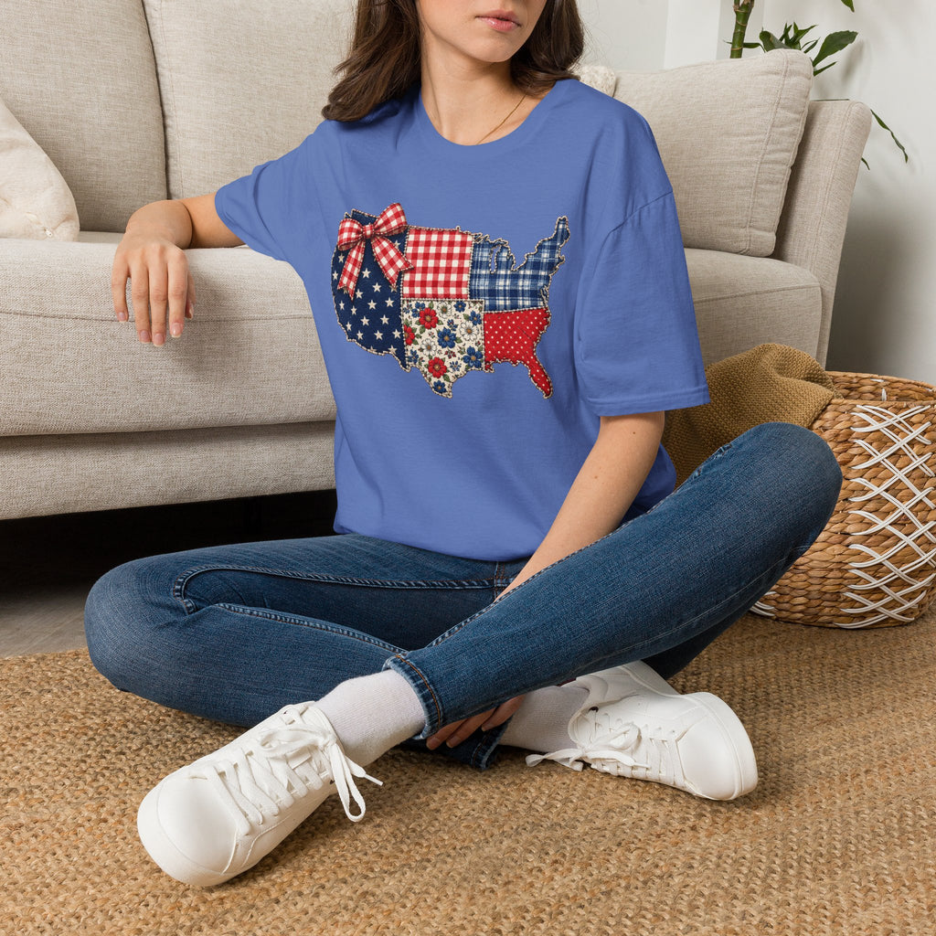 Patriotic Patchwork USA T-Shirt — Quilted Red White & Blue Map Tee