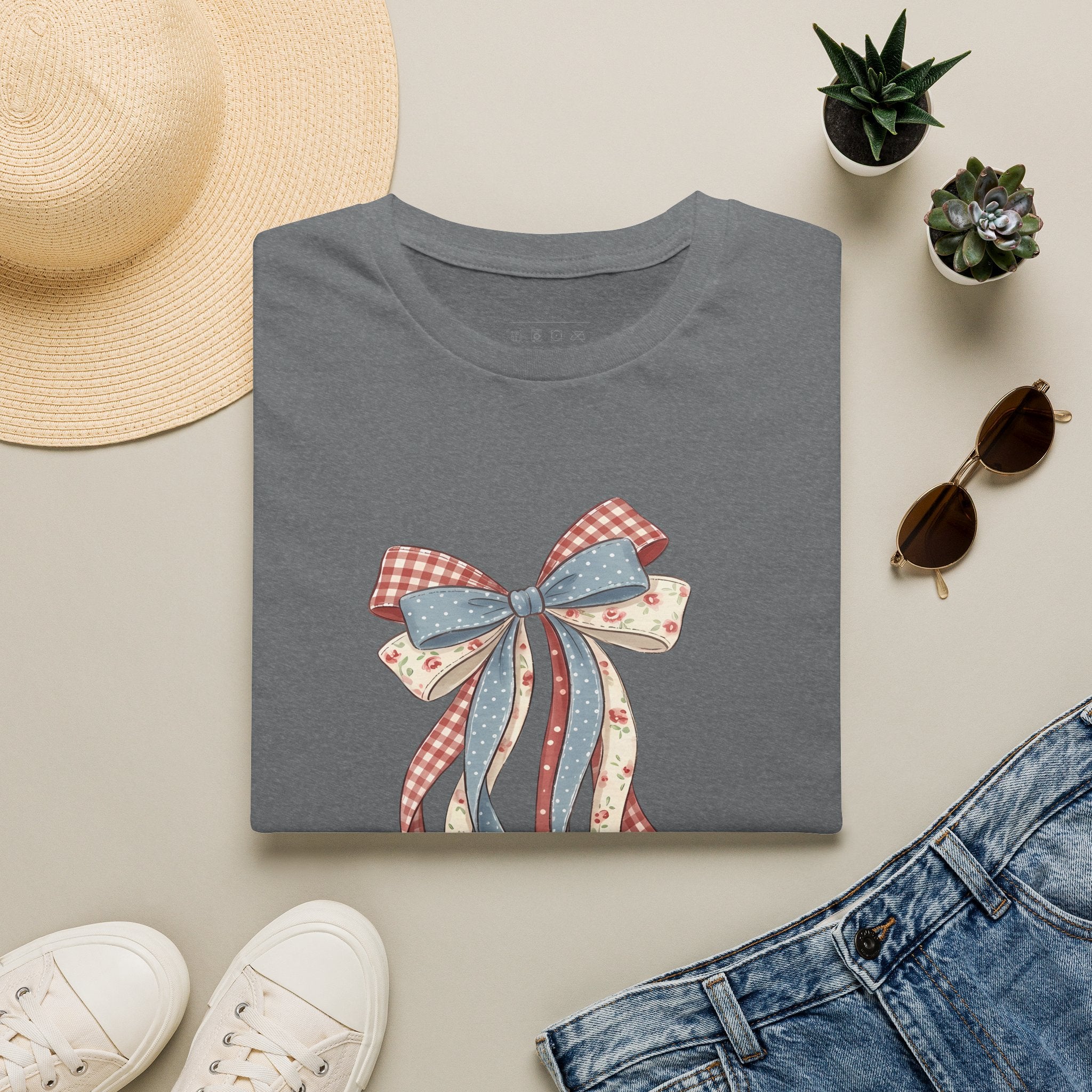 Bow Ribbon T-Shirt — Vintage Americana Floral & Gingham Bow Tee