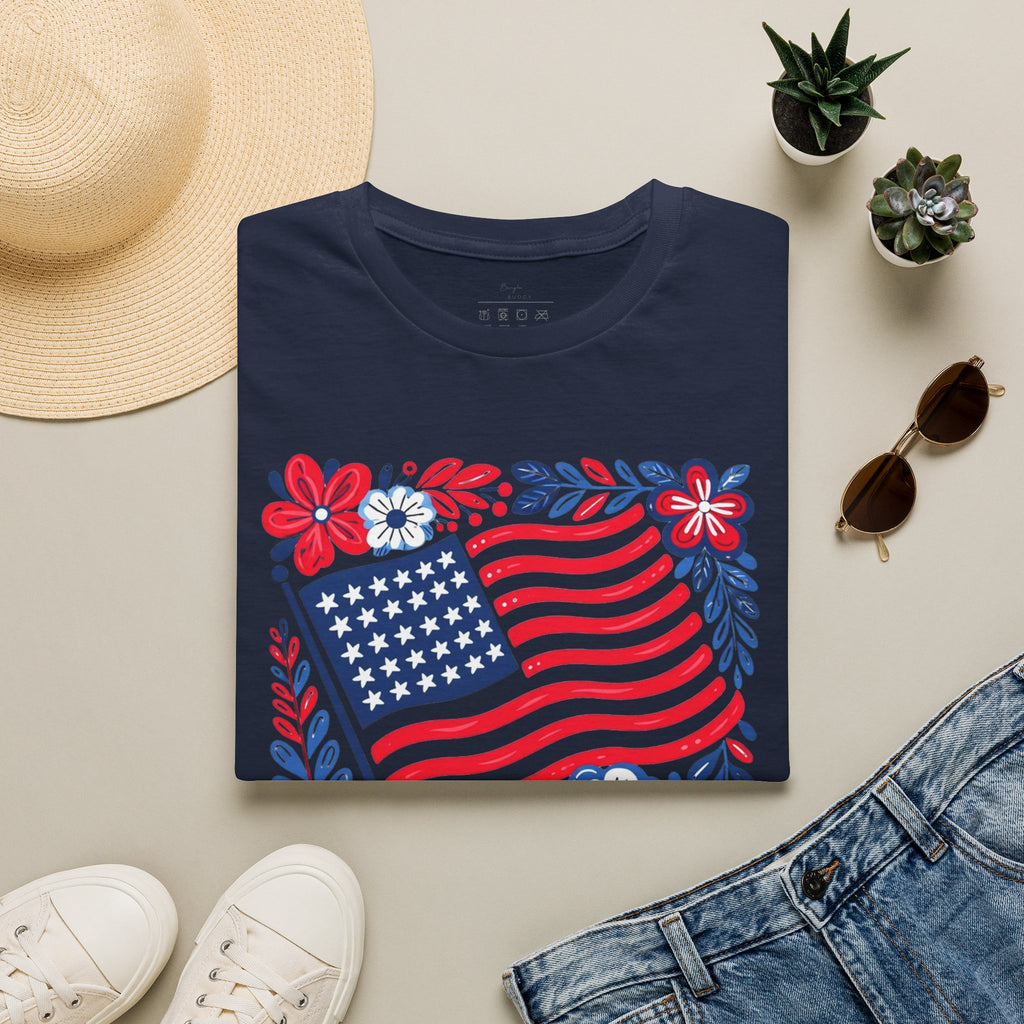 American Flag Floral T-Shirt — Patriotic Stars & Stripes Tee