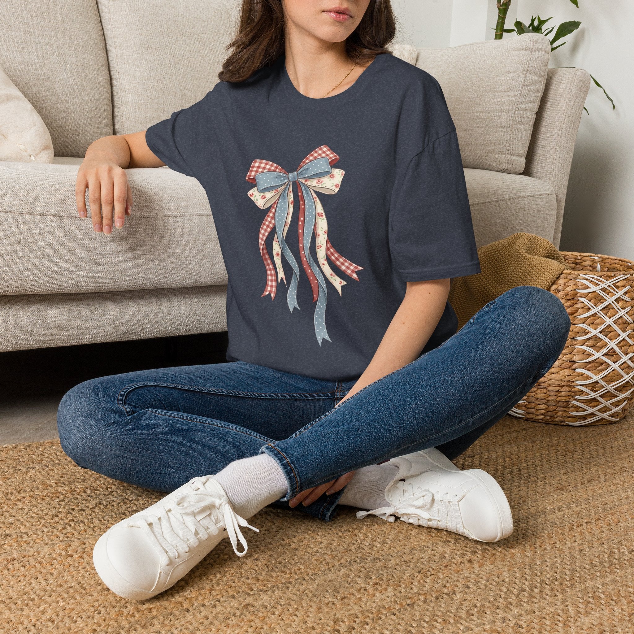 Bow Ribbon T-Shirt — Vintage Americana Floral & Gingham Bow Tee