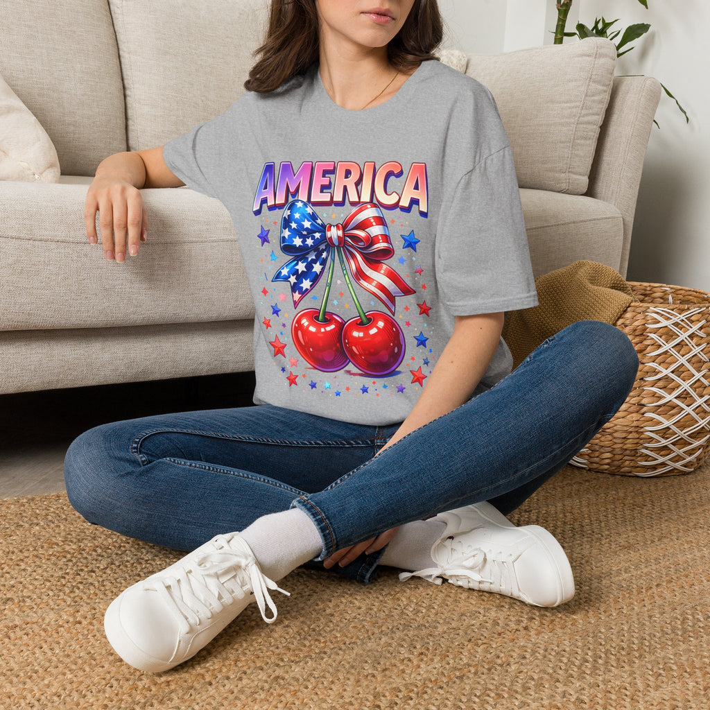 America Patriotic Cherry Graphic T-Shirt — USA Flag Bow 4th of July Tee