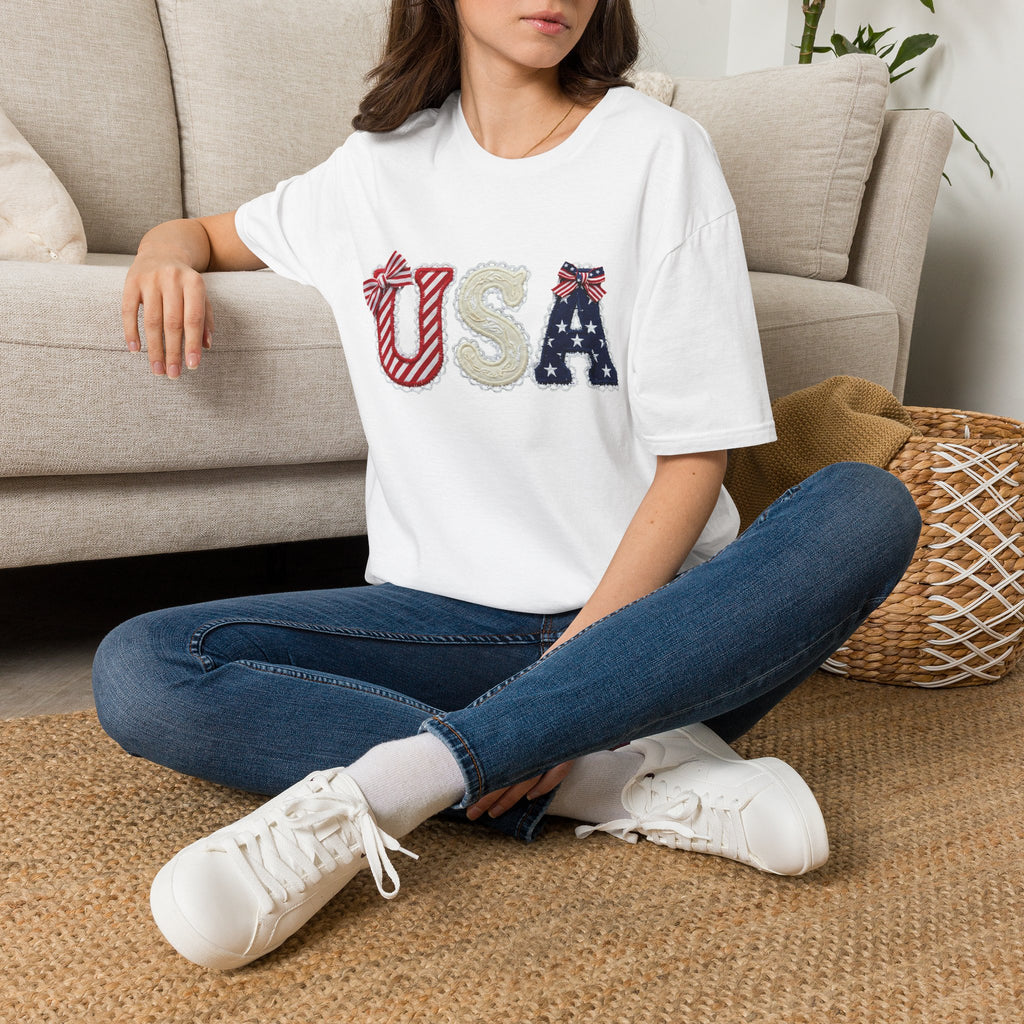 USA Applique T-Shirt — Patriotic 4th of July Flag Letter Tee