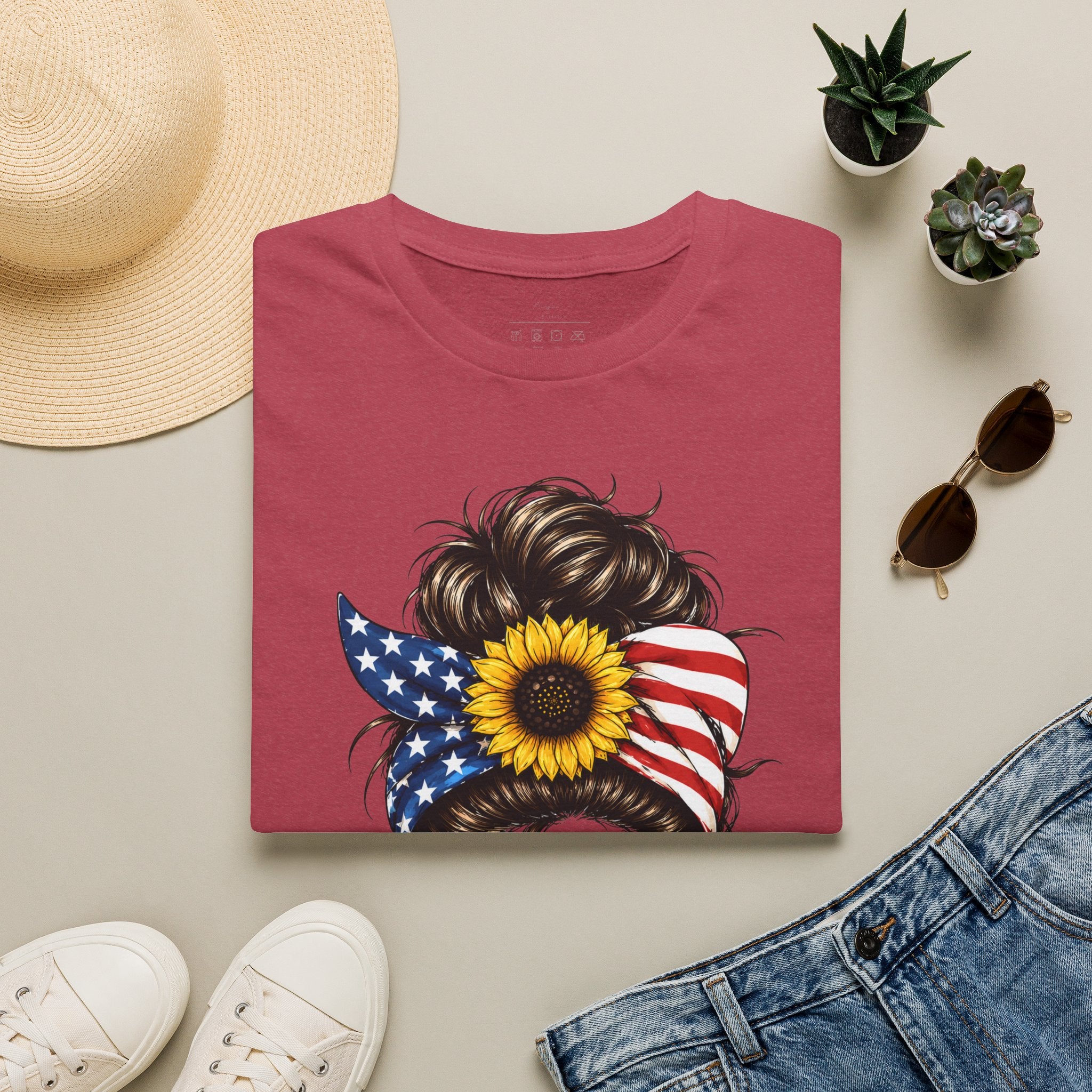 T-Shirt — Patriotic Sunflower Messy Bun (America)