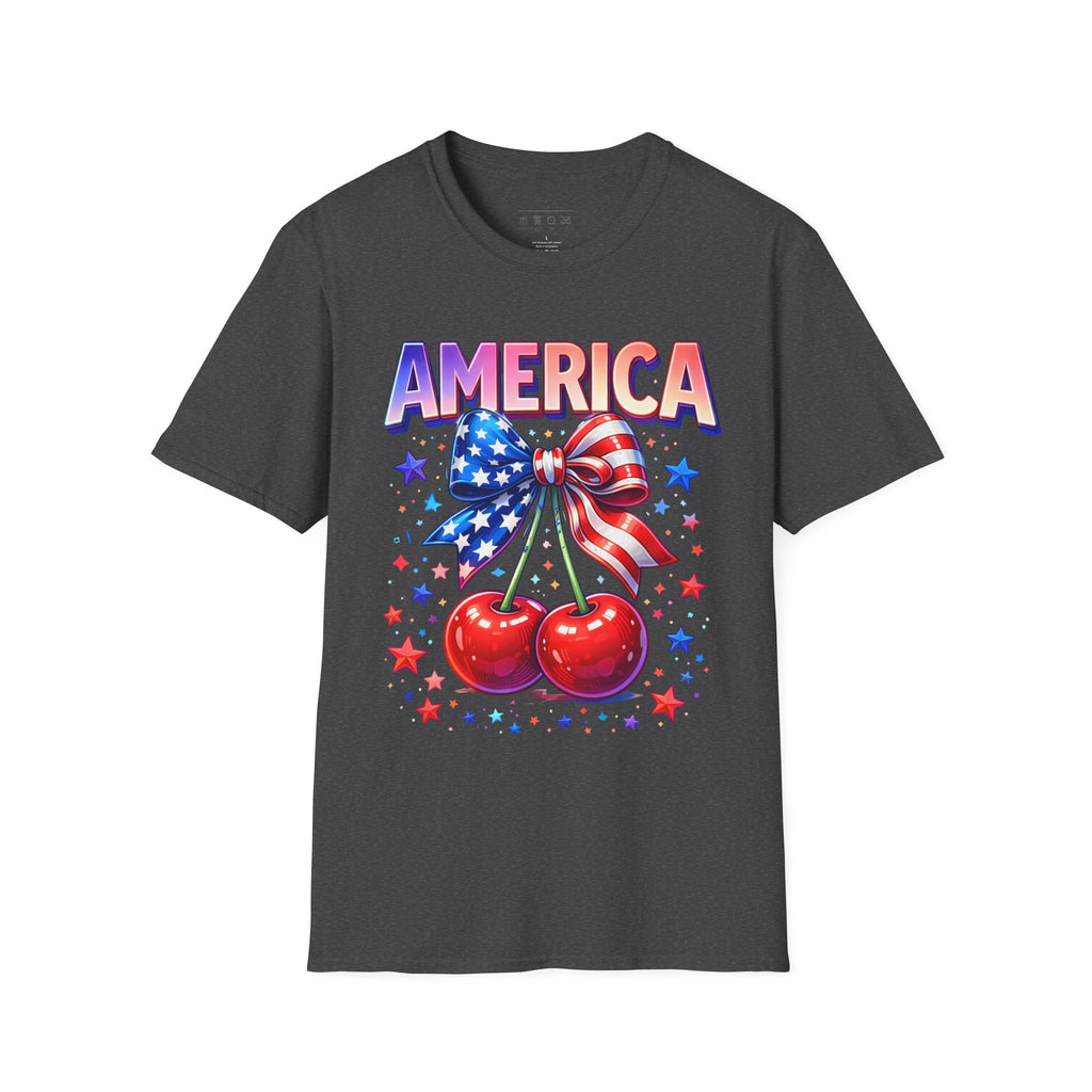 America Patriotic Cherry Graphic T-Shirt — USA Flag Bow 4th of July Tee