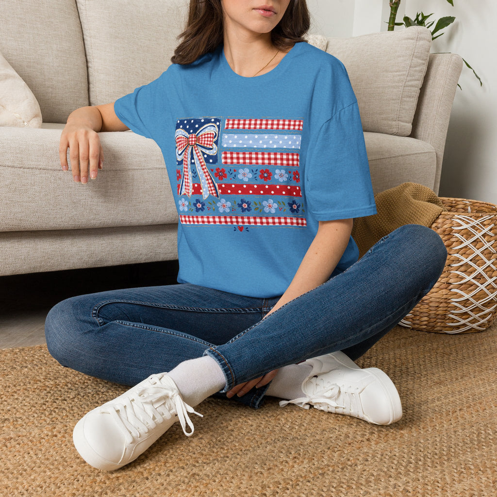 Patriotic Bow Flag T-Shirt – Red White Blue American Floral Plaid Tee