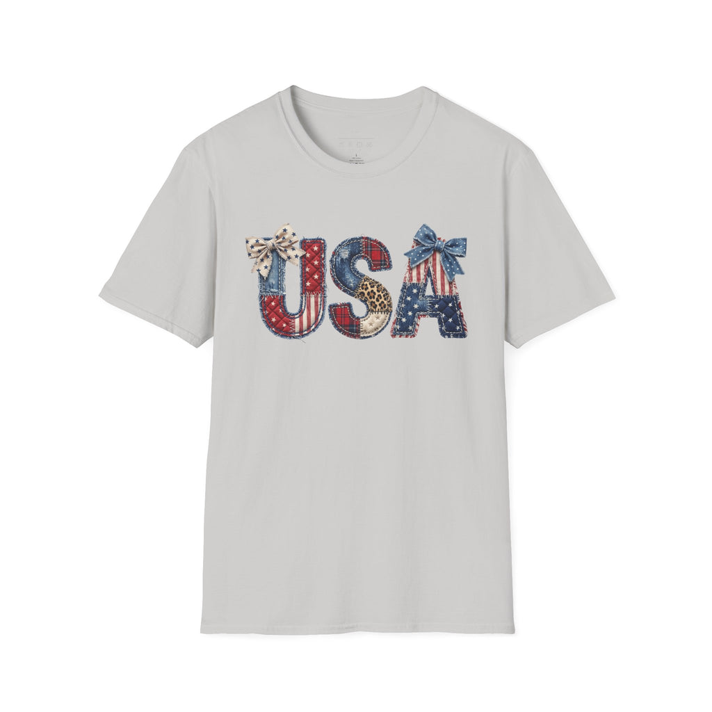 USA Patriotic T-Shirt — Distressed Flag Letters with Bows (4th of July)