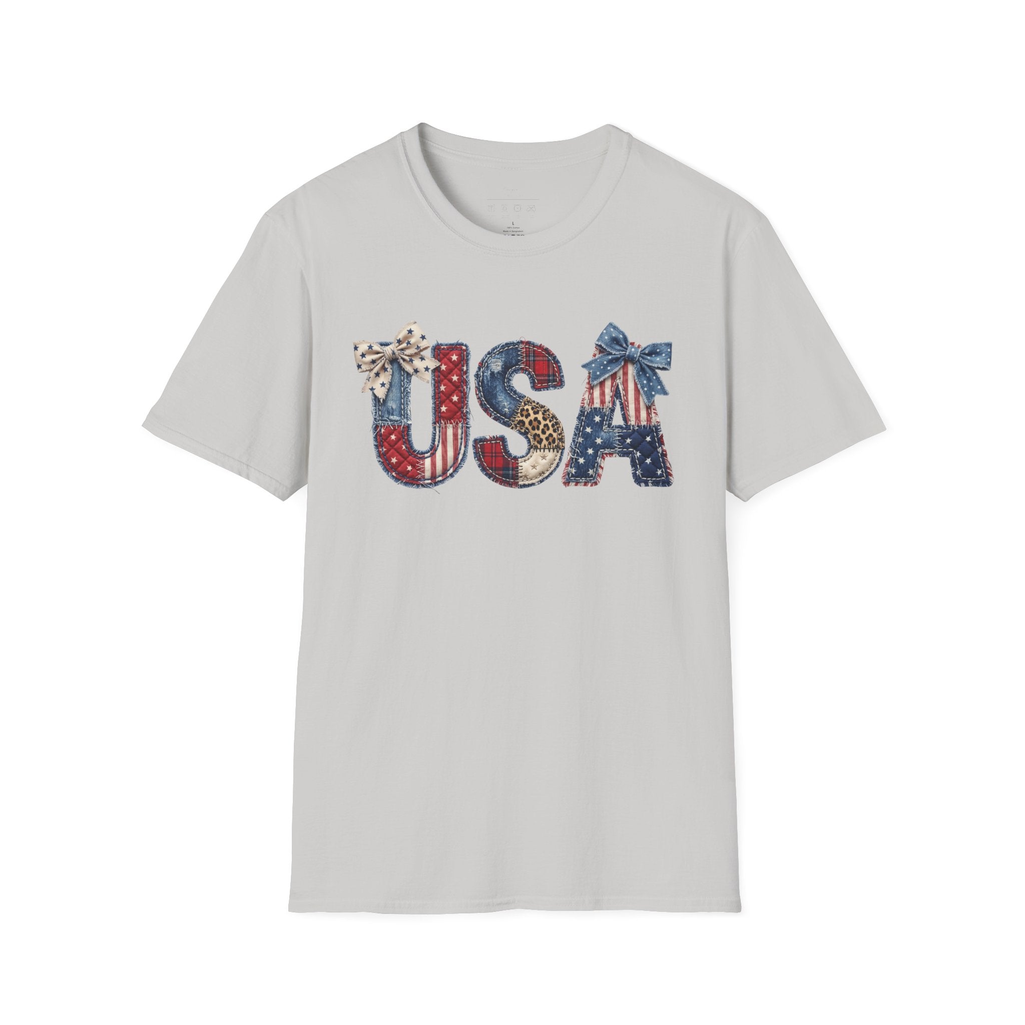USA Patriotic T-Shirt — Distressed Flag Letters with Bows (4th of July)