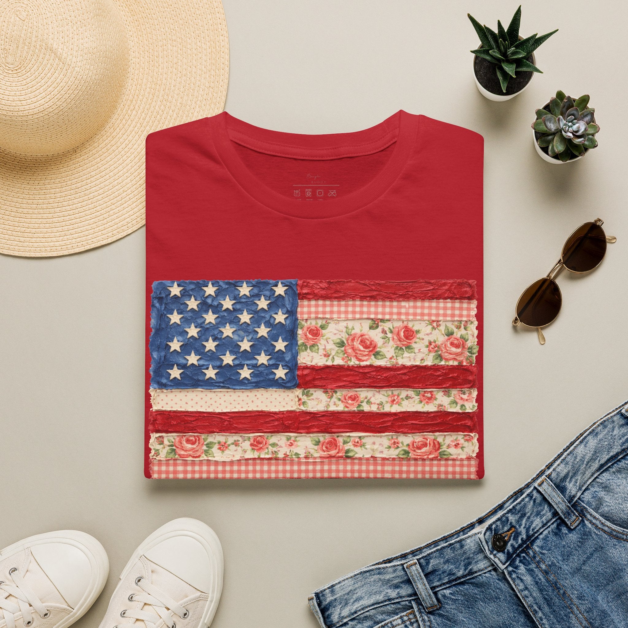 Patriotic Floral American Flag T-Shirt — Vintage Rose USA Tee for Fourth of July