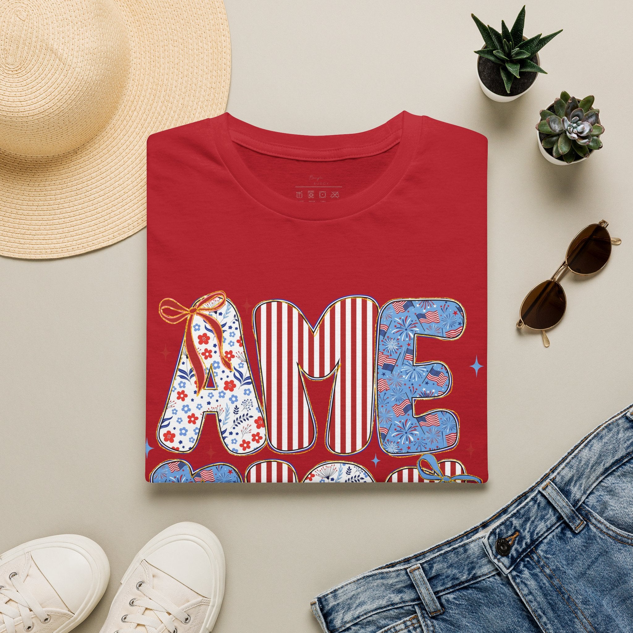AME Retro Patriotic T-Shirt — Red White Blue Floral & Stripes Graphic Tee
