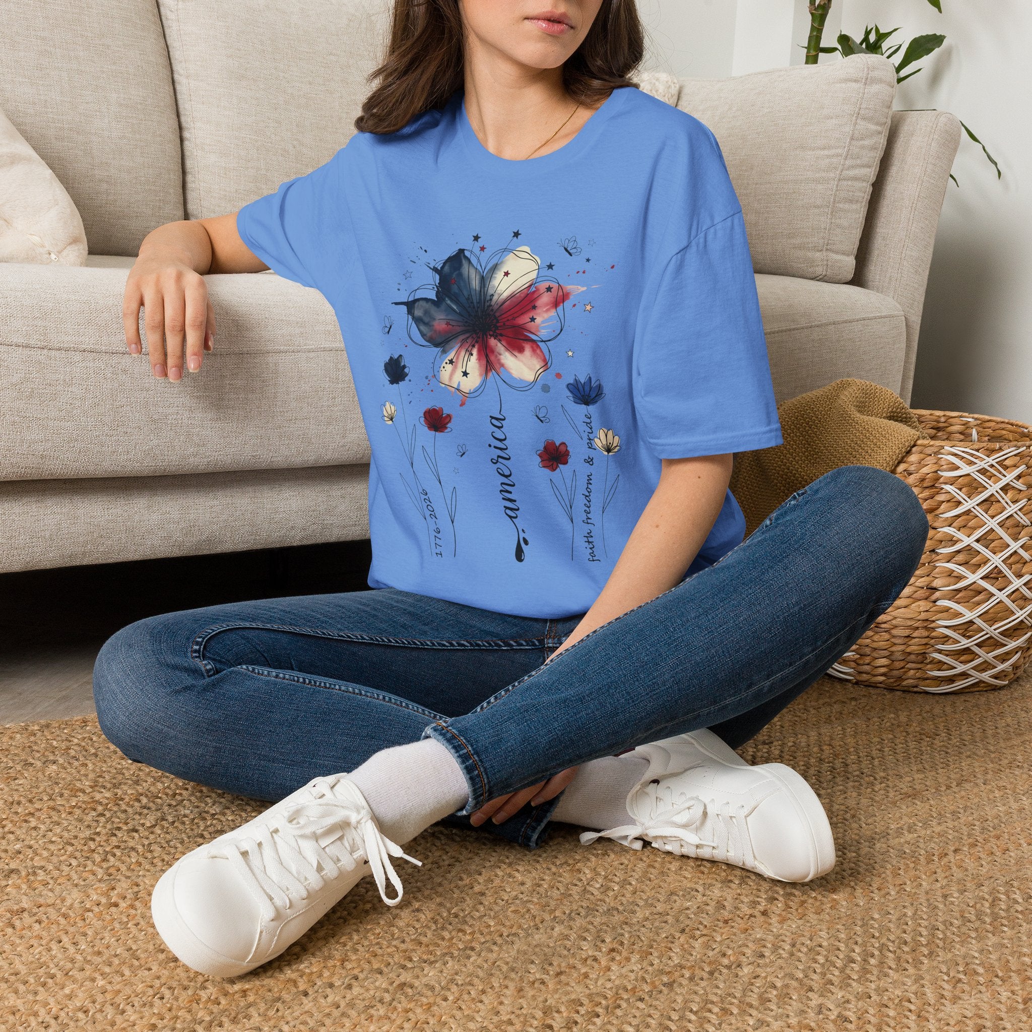 Butterfly Watercolor T-Shirt — Patriotic Red White Blue Floral Graphic