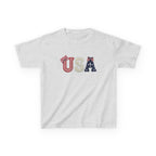 Youth, Kids USA Patriotic Tee — Red White & Blue Flag Letters