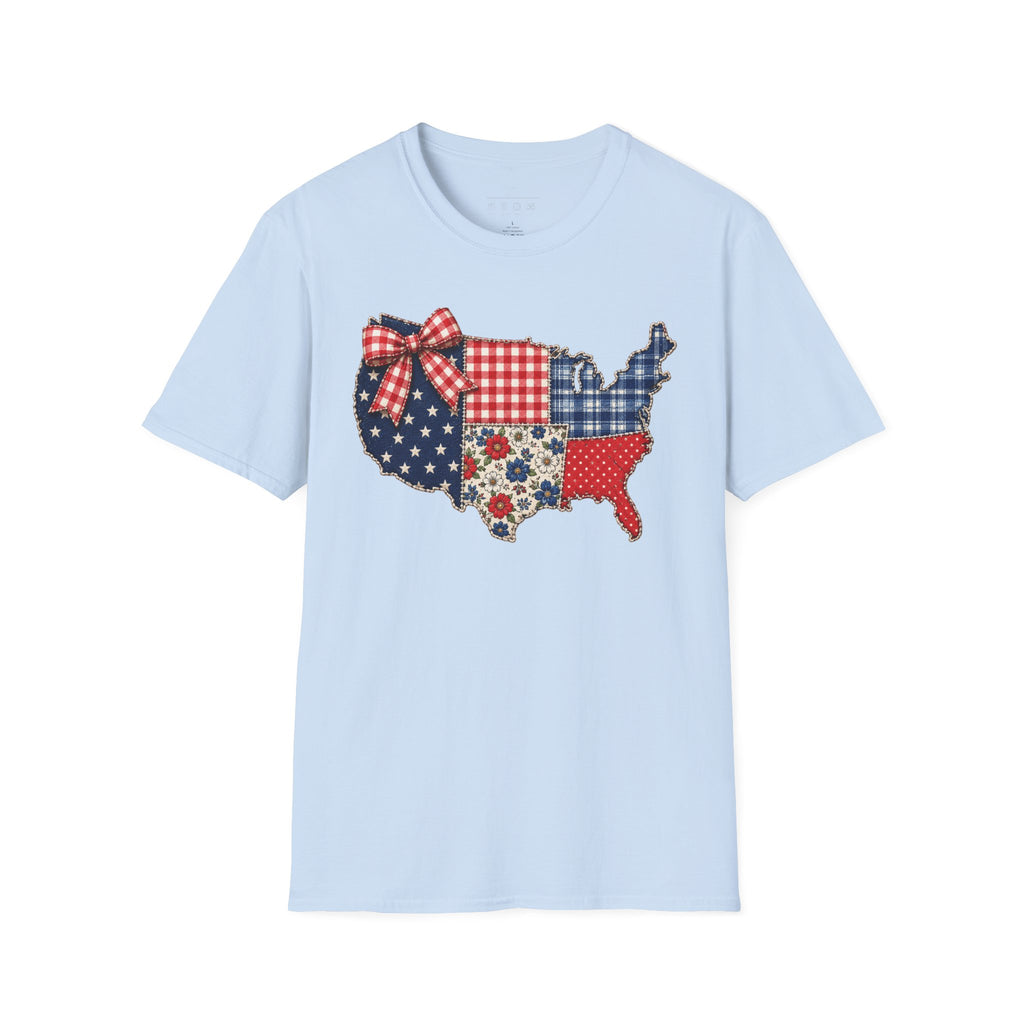 Patriotic Patchwork USA T-Shirt — Quilted Red White & Blue Map Tee