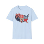 Patriotic Patchwork USA T-Shirt — Quilted Red White & Blue Map Tee