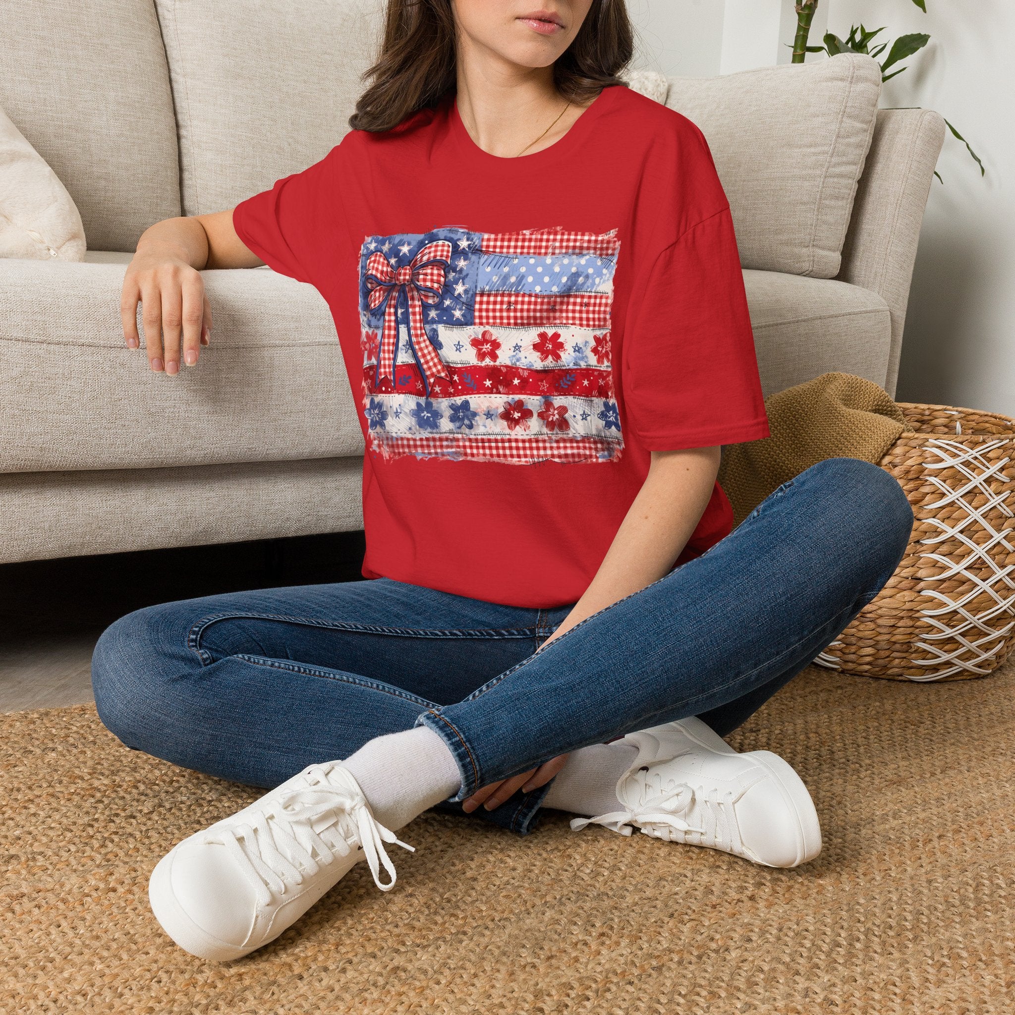 Patriotic Flag Bow T-Shirt — American Red White Blue Fourth of July Tee