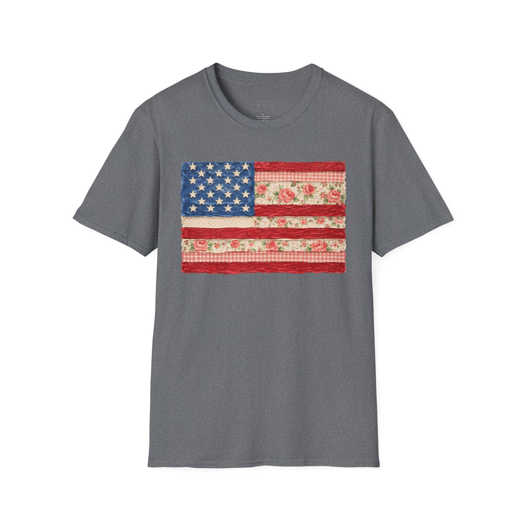 Patriotic Floral American Flag T-Shirt — Vintage Rose USA Tee for Fourth of July