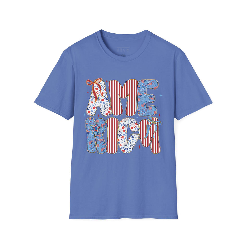 AME Retro Patriotic T-Shirt — Red White Blue Floral & Stripes Graphic Tee