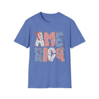 AME Retro Patriotic T-Shirt — Red White Blue Floral & Stripes Graphic Tee