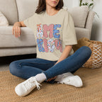 AME Retro Patriotic T-Shirt — Red White Blue Floral & Stripes Graphic Tee