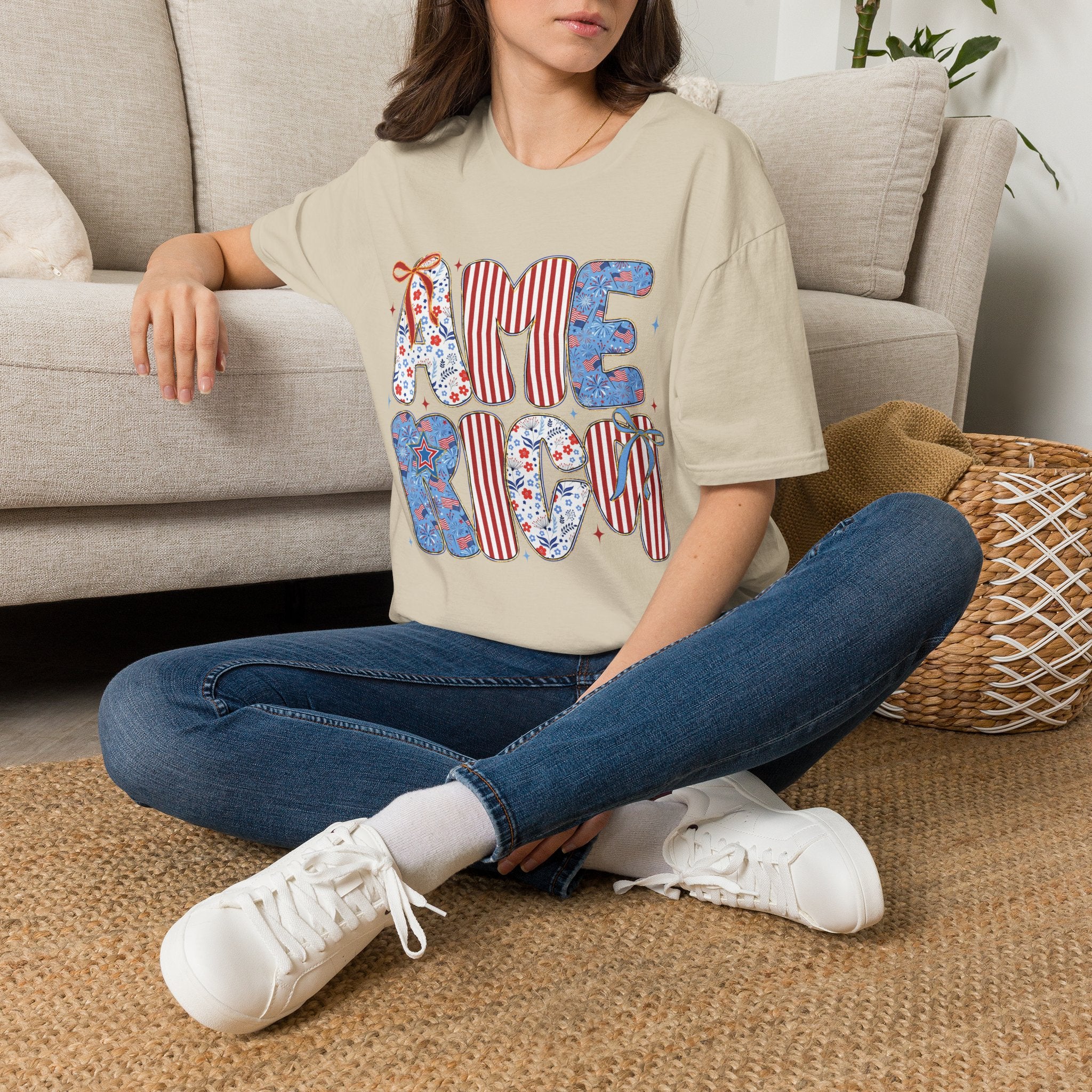 AME Retro Patriotic T-Shirt — Red White Blue Floral & Stripes Graphic Tee