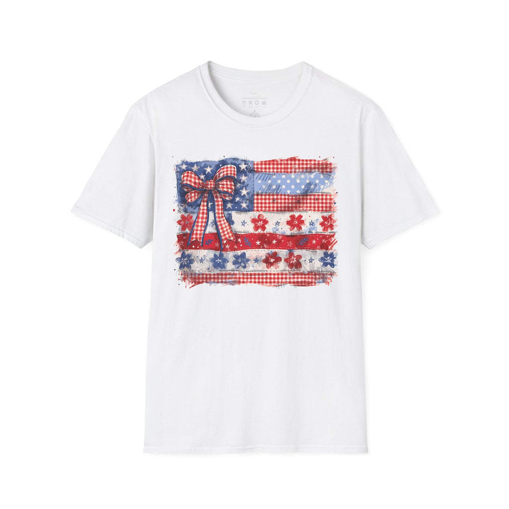 Patriotic Flag Bow T-Shirt — American Red White Blue Fourth of July Tee