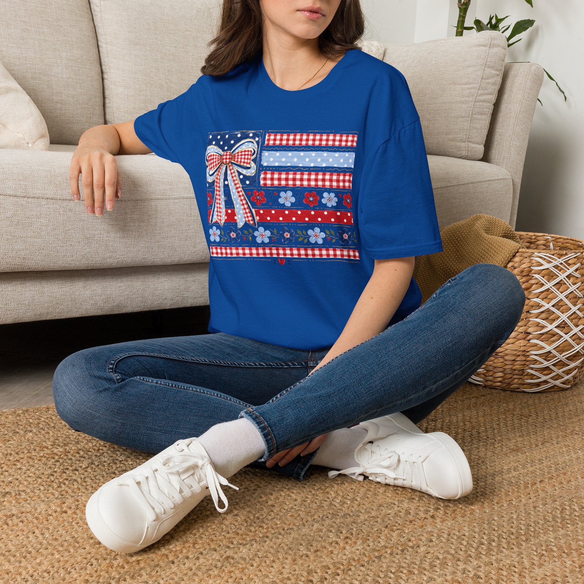 Red White Blue American Floral Plaid Tee