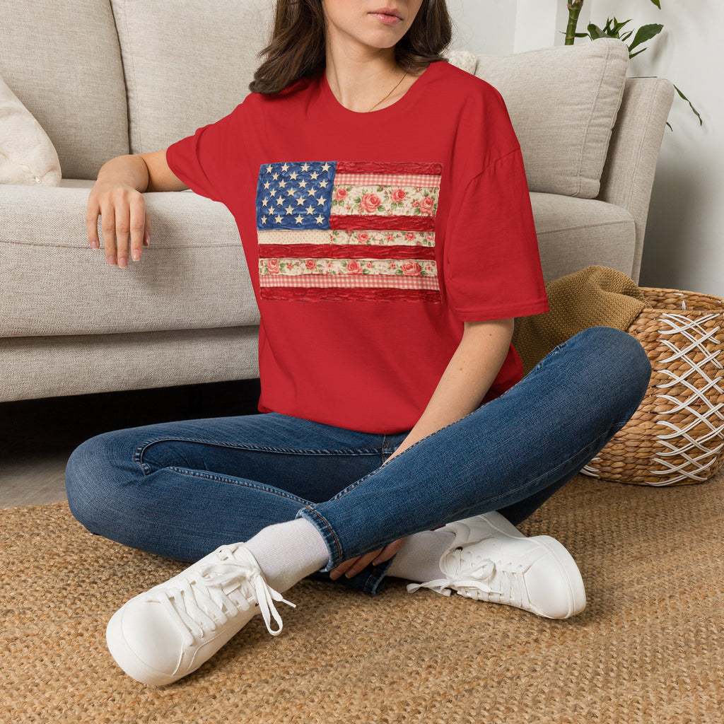 Patriotic Floral American Flag T-Shirt — Vintage Rose USA Tee for Fourth of July