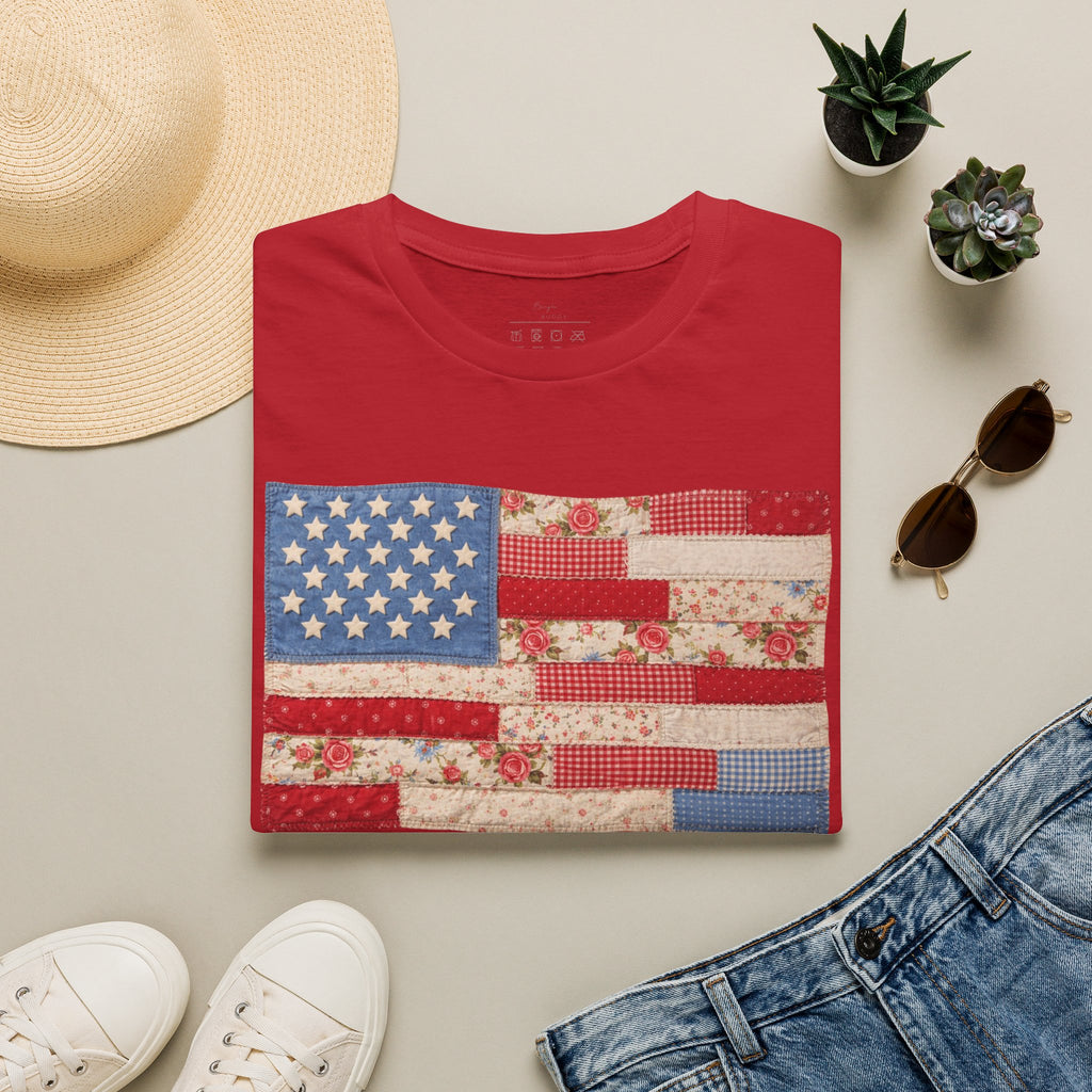 Patchwork American Flag T-Shirt — Vintage Floral Patriotic Tee
