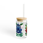 Floral Glass Sipper Cup — 16oz Double-Walled Drink Jar with Bamboo Lid & Straw