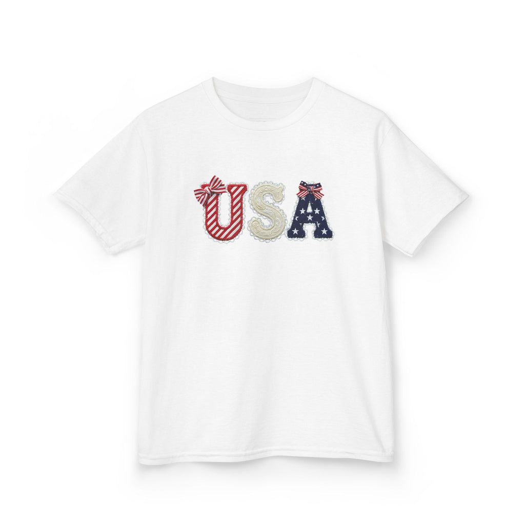 Youth, Kids USA Patriotic Tee — Red White & Blue Flag Letters
